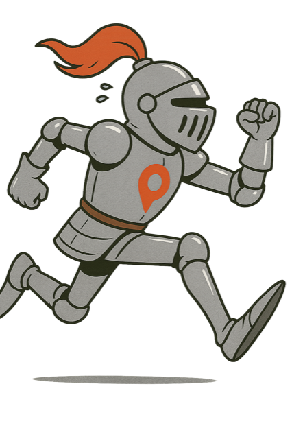 Sir Conqr, the CONQR knight mascot, running