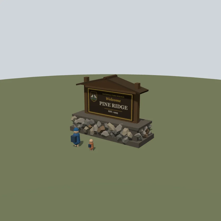 A procedural Pine Ridge entrance sign on a stone base, with an adult and child Hikee showing its scale
