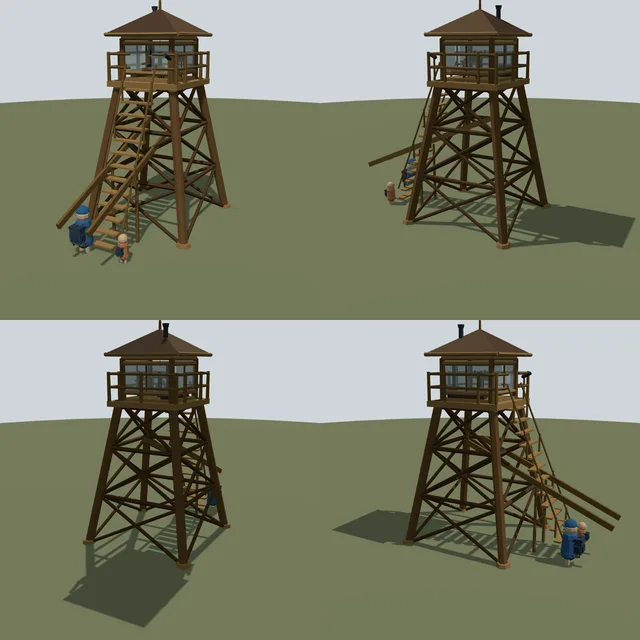 Four angles of Switchback's procedural lookout tower in the asset viewer
