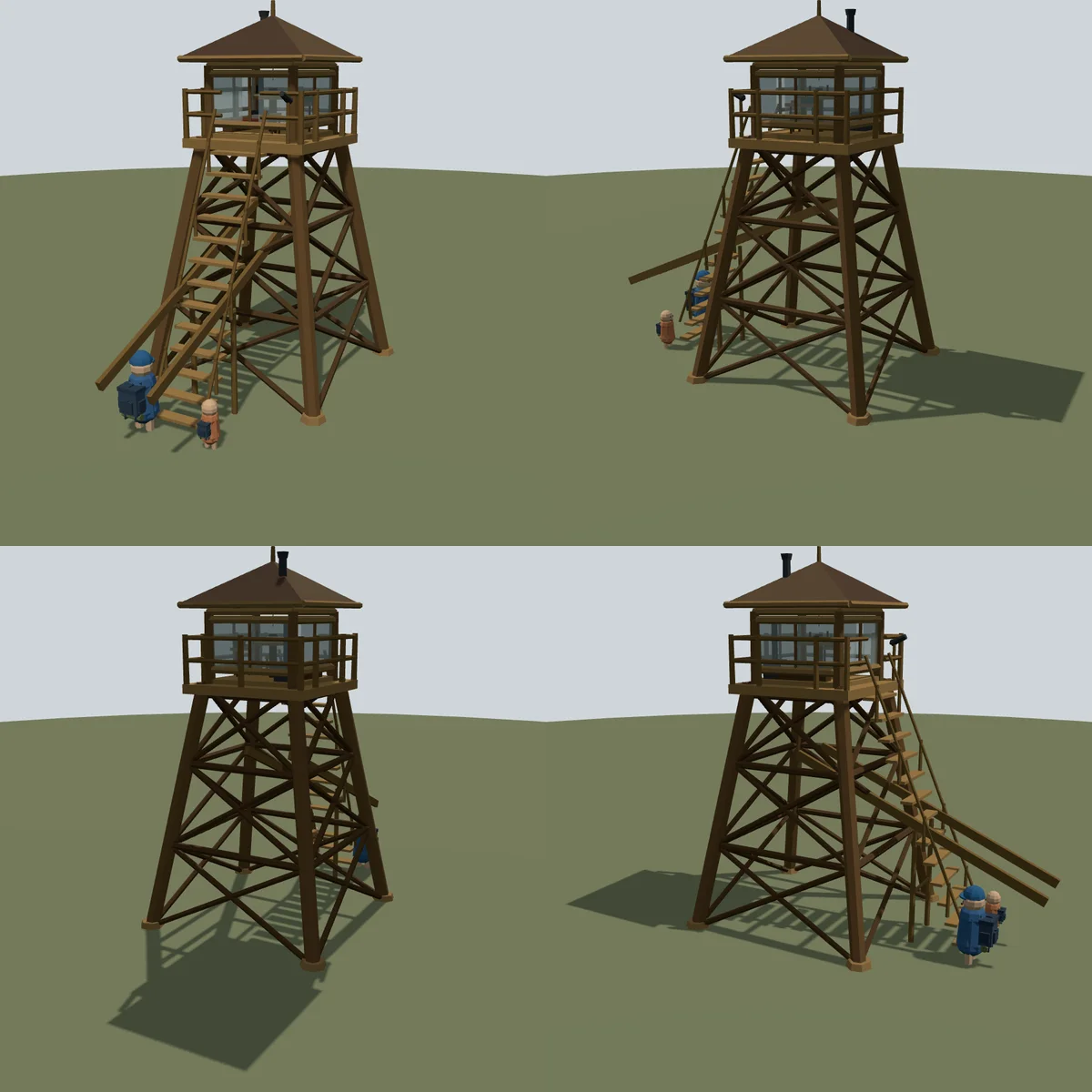 A wooden fire lookout tower viewed from four angles in Switchback's asset viewer, with an adult and child Hikee beside the stairs