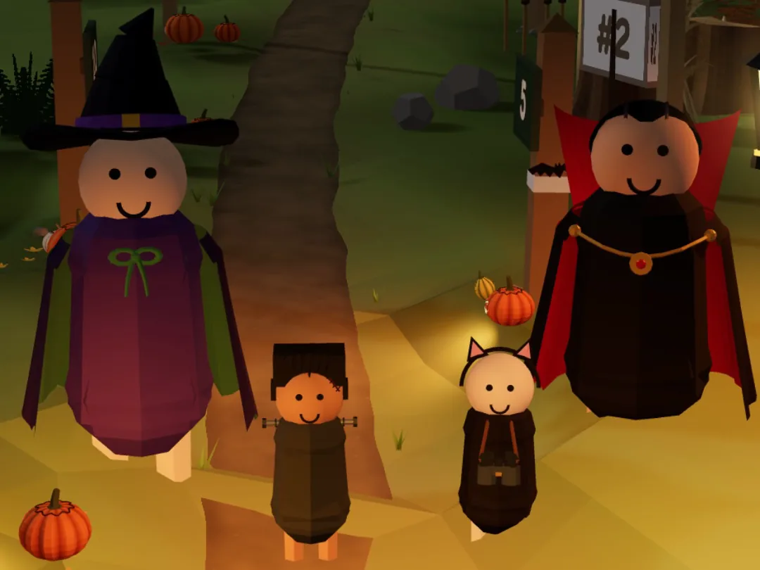 Four Switchback visitors in costume on a trail at night: a witch in a purple cape, a vampire in a red-lined cape, and two kids dressed as Frankenstein's monster and a cat