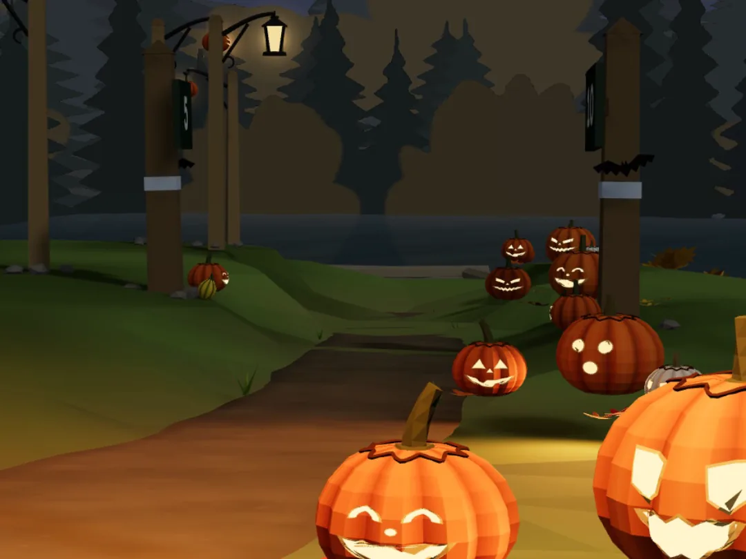 A dirt trail at dusk lined with glowing jack-o'-lanterns, lamp posts and dark pines behind