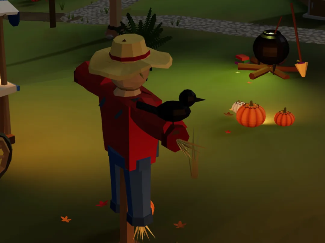A scarecrow with a crow on its shoulder in a Switchback park at night, a witch's cauldron over a fire and pumpkins behind it