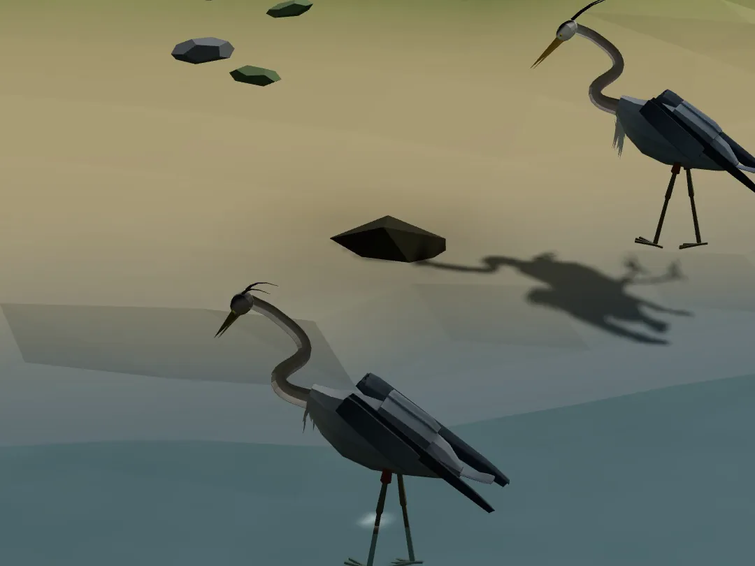 Two great blue herons wading in the shallows at the edge of a lake in Switchback, their shadows on the sand