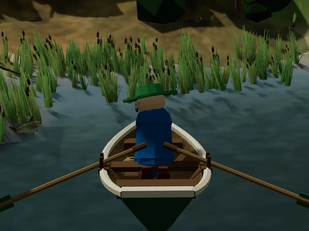 A Switchback visitor in a green hat rowing a wooden rowboat past the reeds