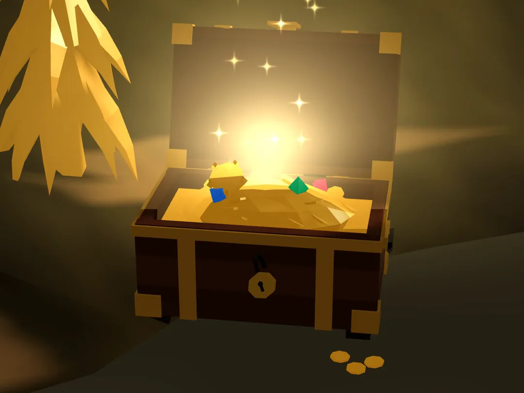 An open wooden treasure chest glowing with gold and gems under a golden tree in Switchback, coins spilled in front of it