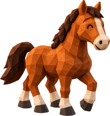A cheerful low-poly chestnut horse with a white blaze and white socks, mid-stride