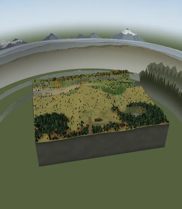 Rimrock Ranch from above: a golden pasture on a canyon rim, pine woods, a pond and the ranch yard