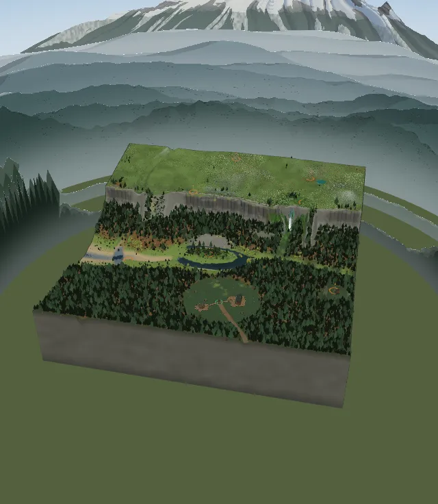 Tahoma Foothills from above: a green meadow above grey cliffs, dense old-growth forest, a river and a horse camp, with Mount Rainier behind
