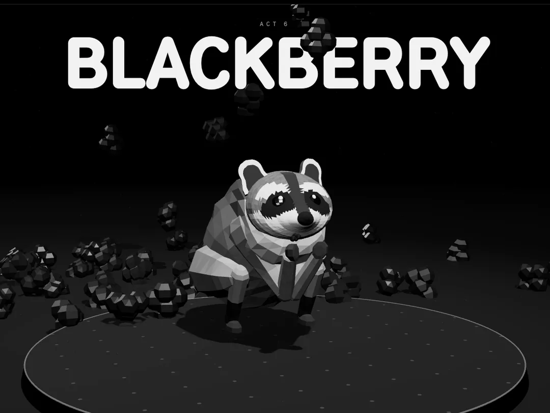Jimothy the raccoon sitting up holding a blackberry, with blackberries scattered around the riser and BLACKBERRY in huge letters behind him