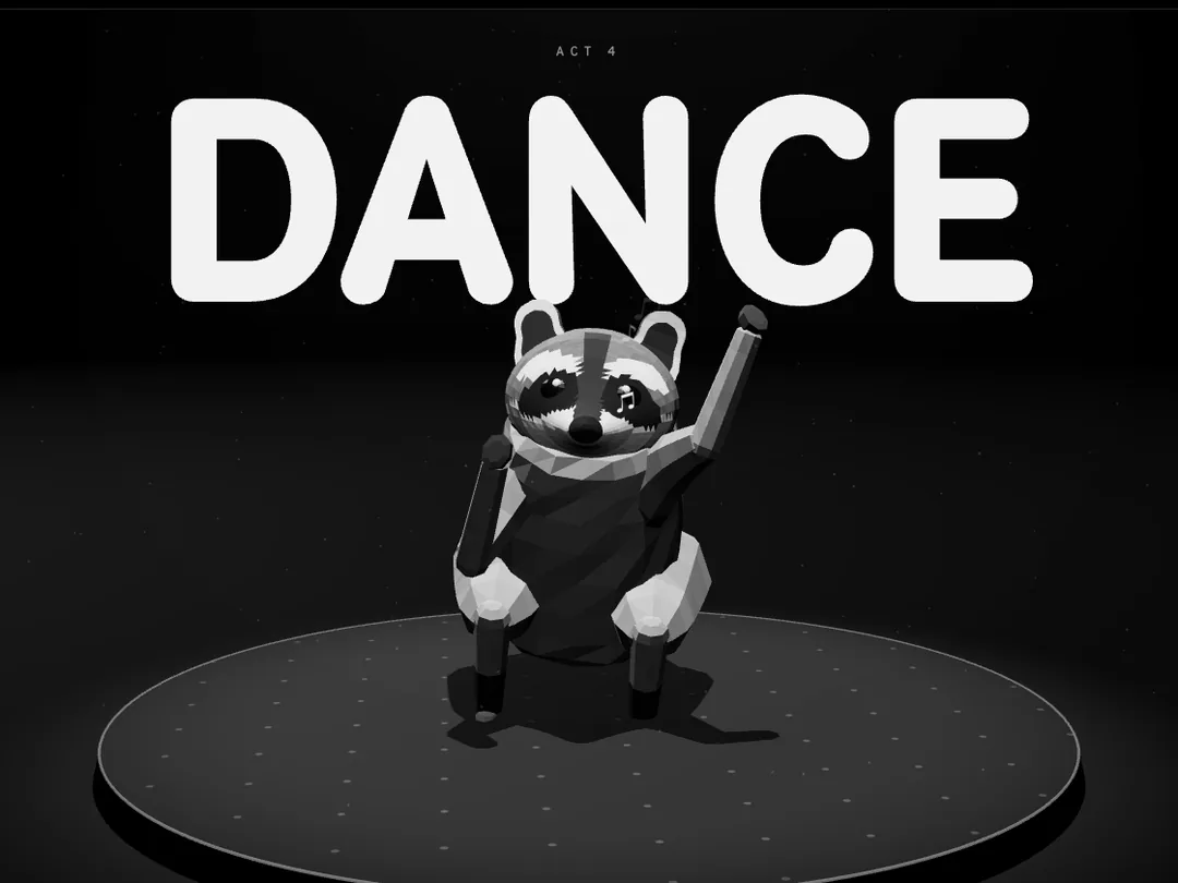 Jimothy the raccoon dancing on a black riser under a spotlight, one paw raised, eyes squeezed shut, with DANCE in huge letters behind him