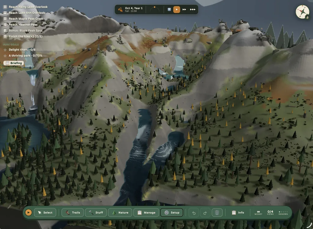 A high alpine basin in autumn: grey ridges, turquoise tarns, larches turning gold, with the park's objectives listed down the left