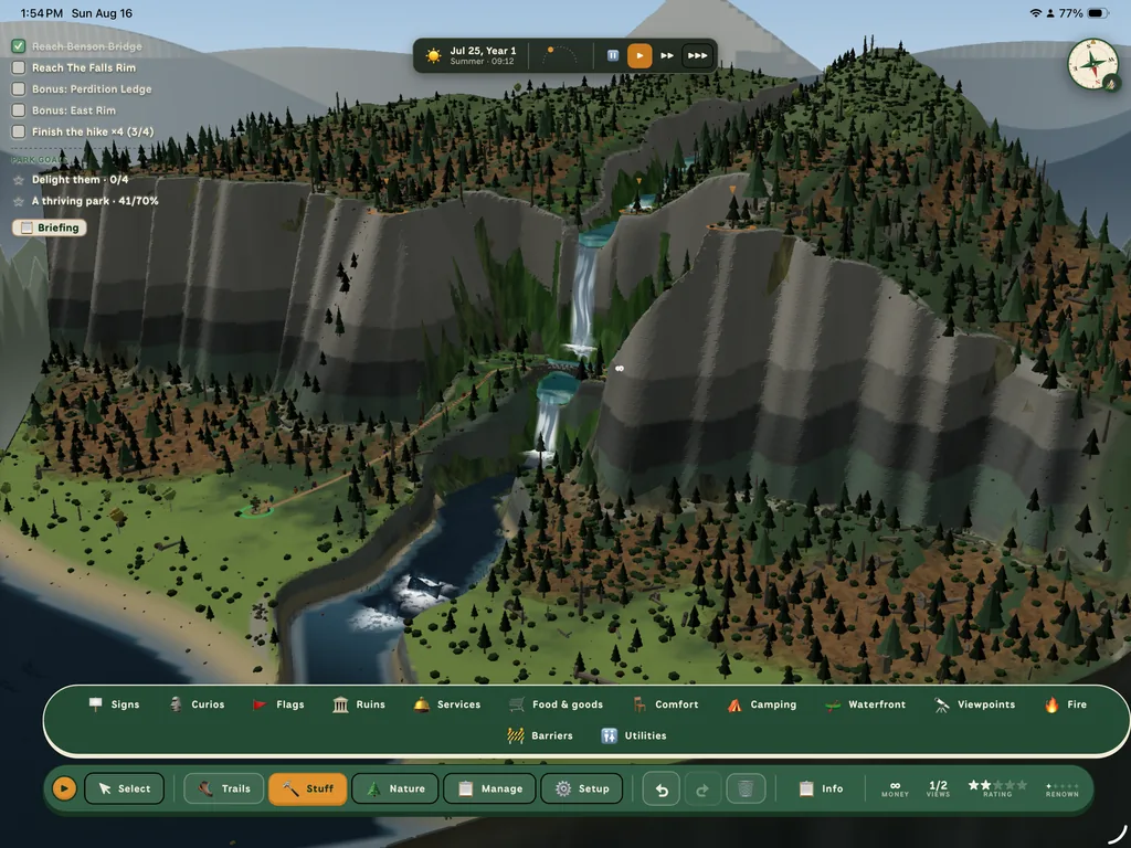 A canyon of waterfalls seen from above, with the build palette open along the bottom: signs, curios, flags, ruins, services, food, comfort, camping, waterfront, viewpoints, fire, barriers and utilities