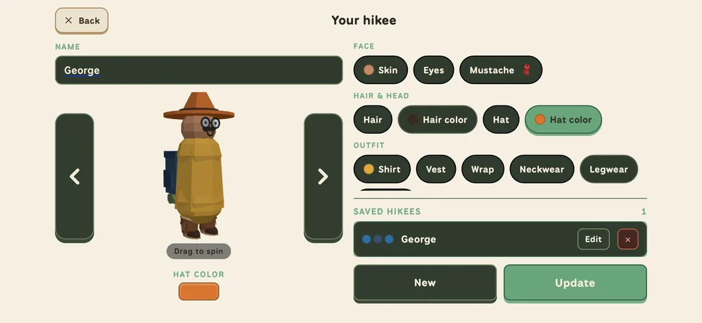 The hikee creator: a small figure in a wide brown hat and mustard coat named George, with controls for skin, eyes, mustache, hair, hat, shirt, vest, wrap, neckwear and legwear
