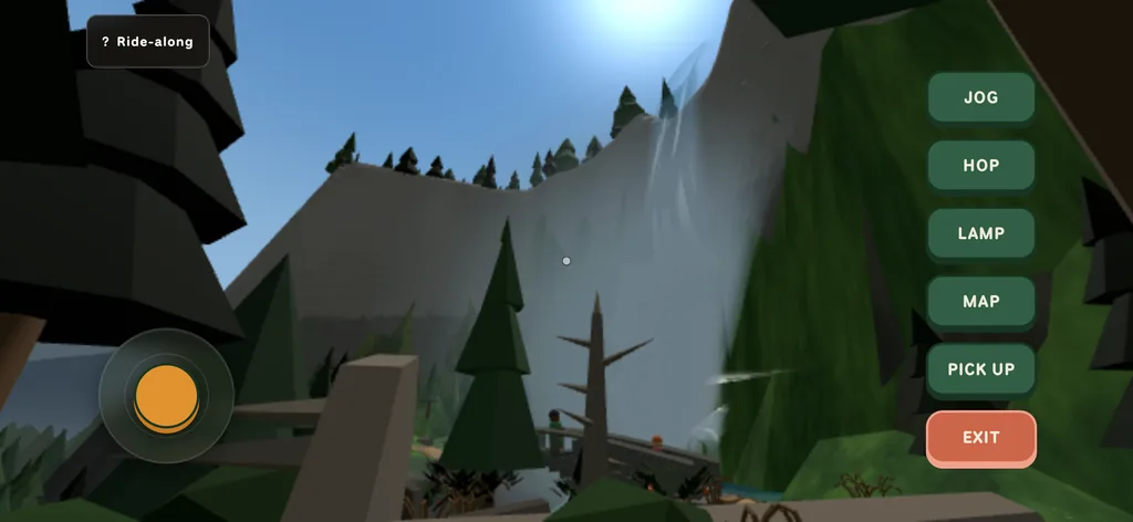 The first-person ride along, looking up at a waterfall from the trail, with Jog, Hop, Lamp, Map and Pick up controls