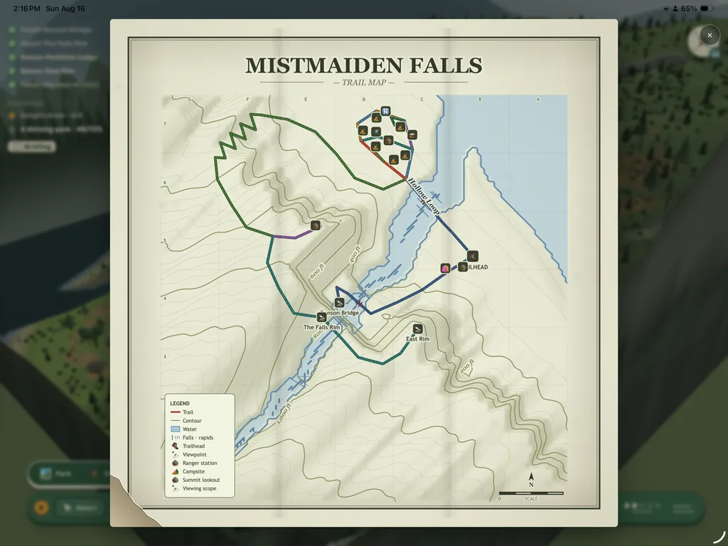 The park's printed trail map: contour lines, a blue river, coloured trail routes and a legend for viewpoints, campsites and the ranger station