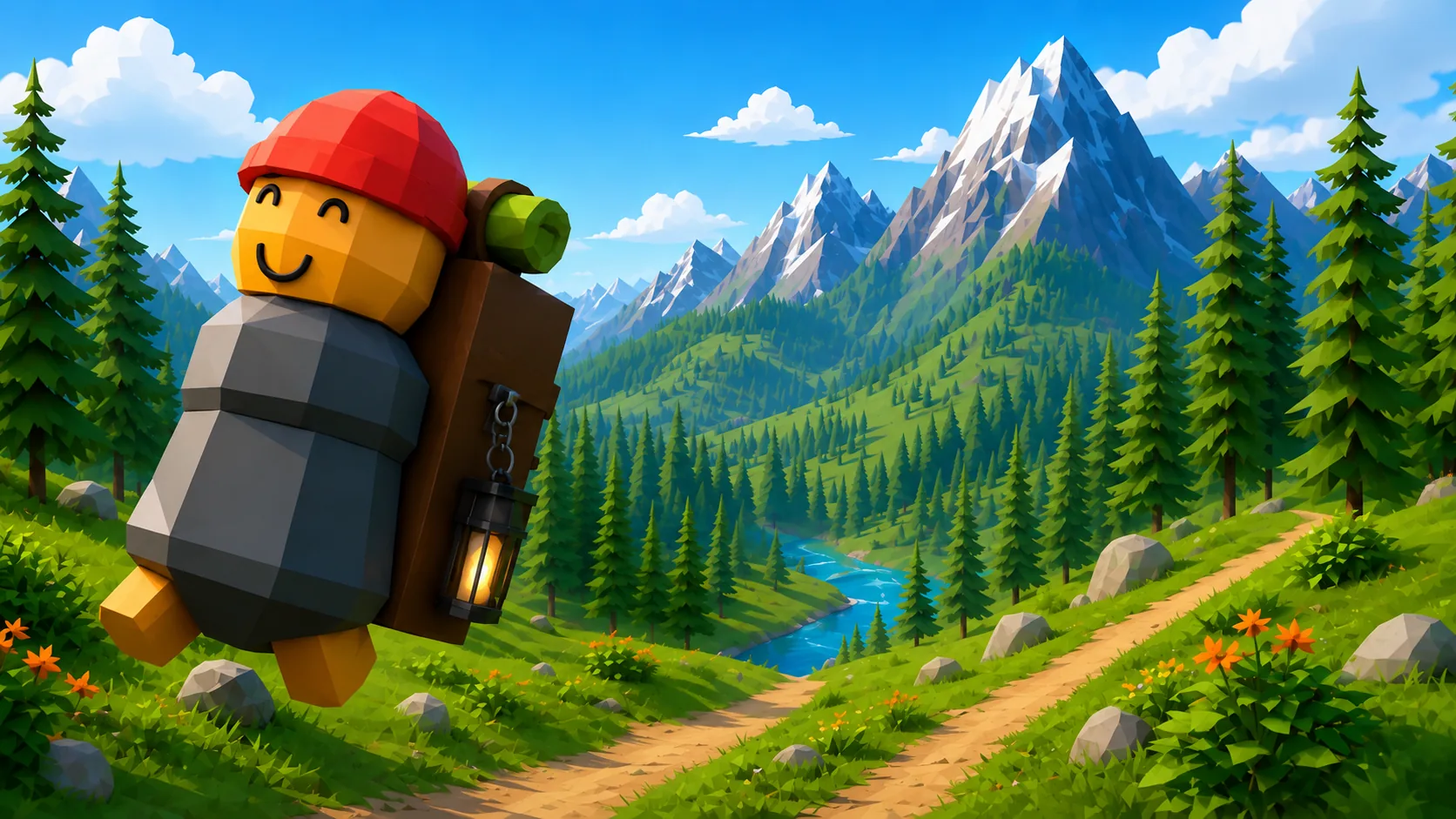 A hiker in a red cap with a lantern on their pack, on a trail above a river valley of pines and snow-capped mountains