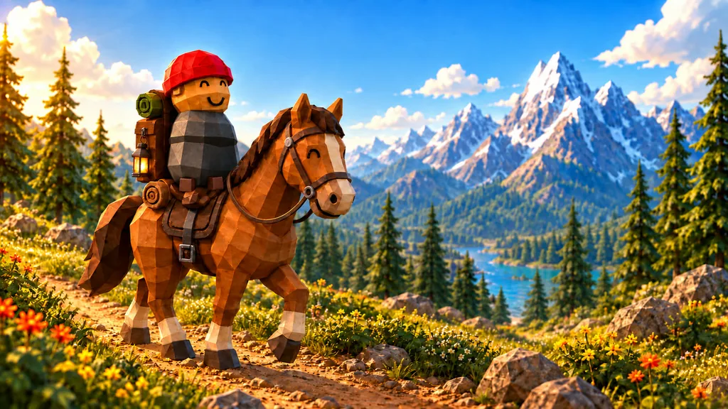 A smiling Hikee in a red cap riding a chestnut horse down a flowery mountain trail above a lake