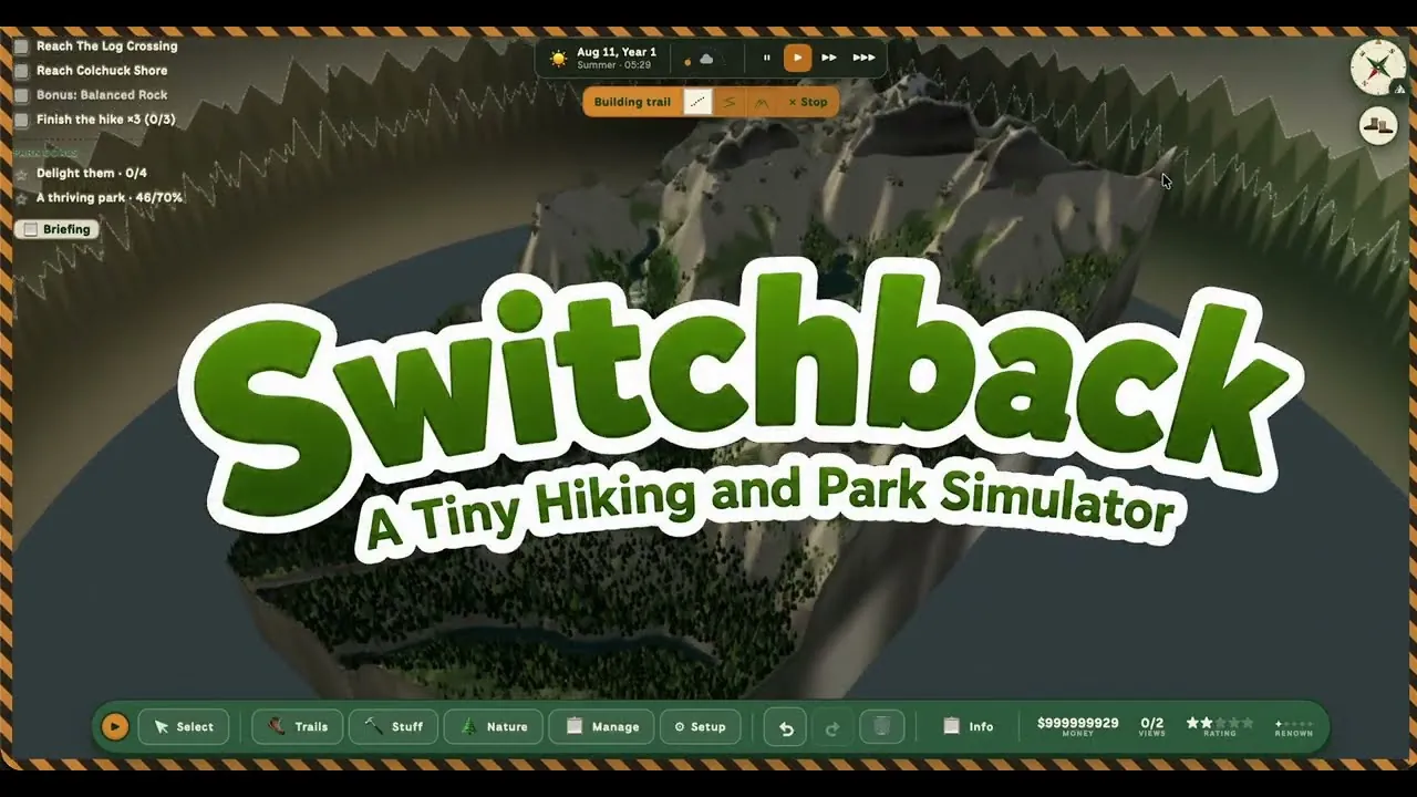 The Switchback trail tutorial: the park seen from above mid-build, with the trail tools open along the bottom